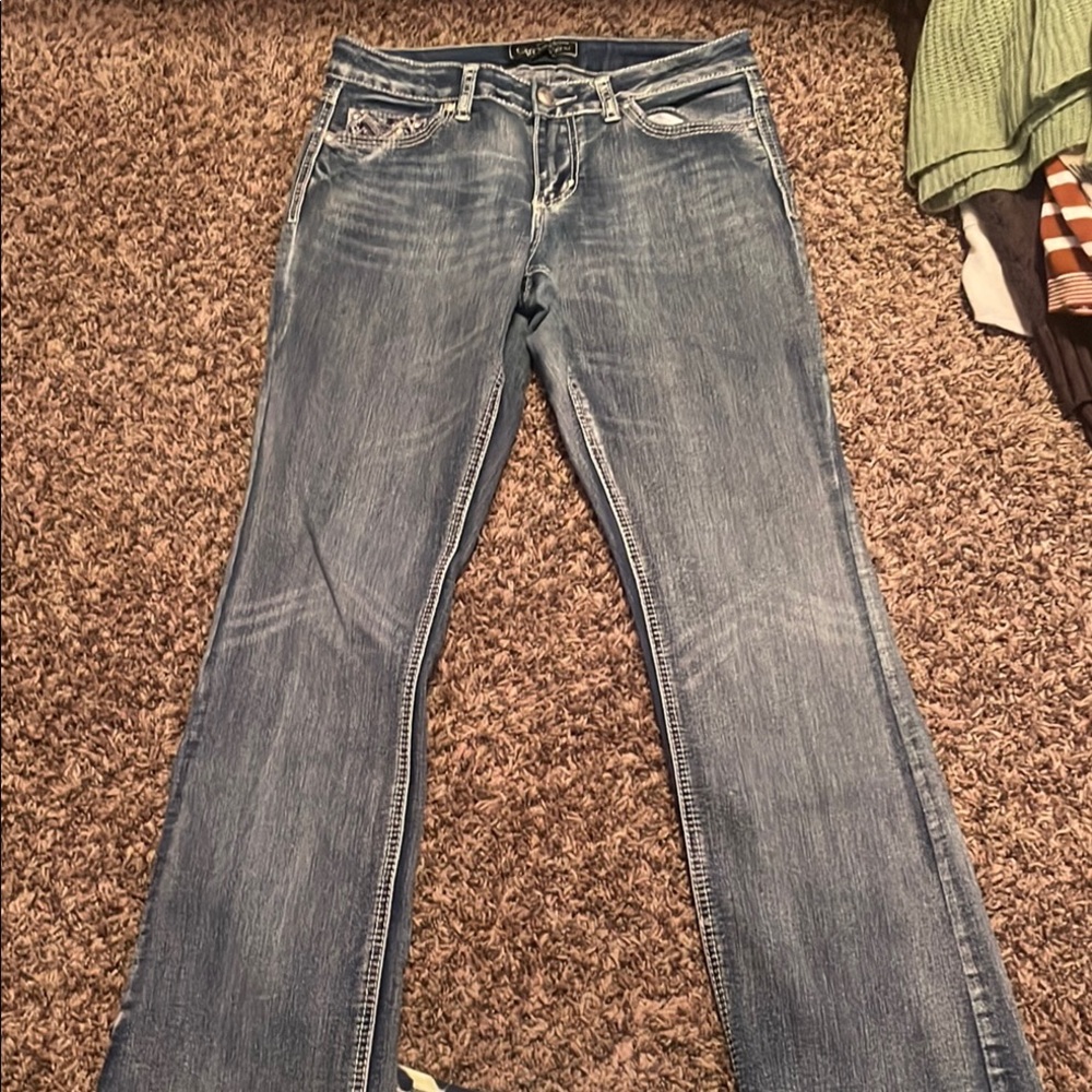 Blue Boot Cut Jeans with Gold Stitching